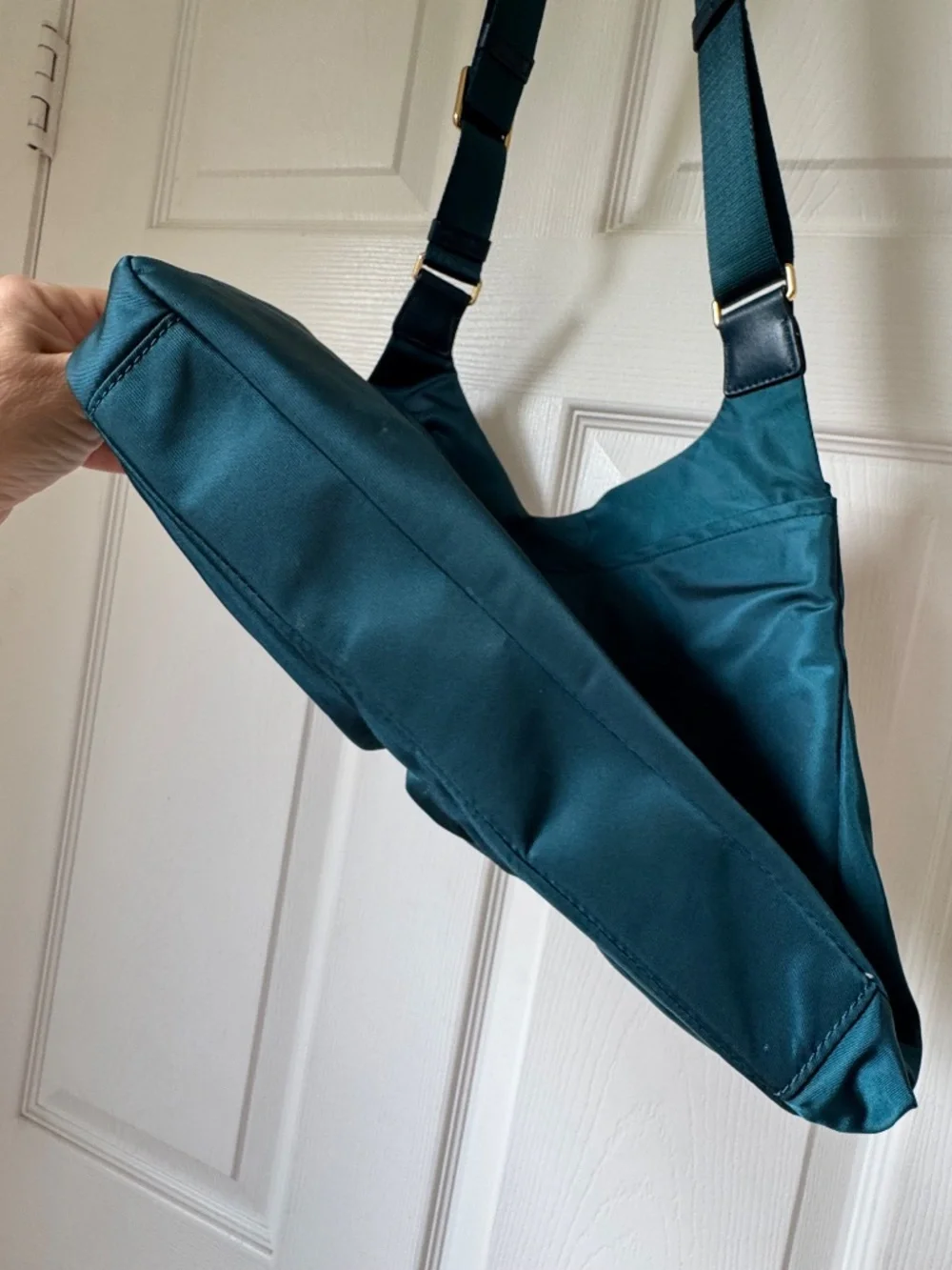 TUMI Voyageur Sadler Teal Blue Nylon Crossbody Bag Gold Hardware